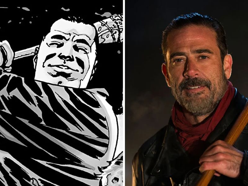 So sánh giữa Negan trong truyện tranh gốc và hình tượng kinh điển do Jeffrey Dean Morgan thủ vai trong loạt phim The Walking Dead.
